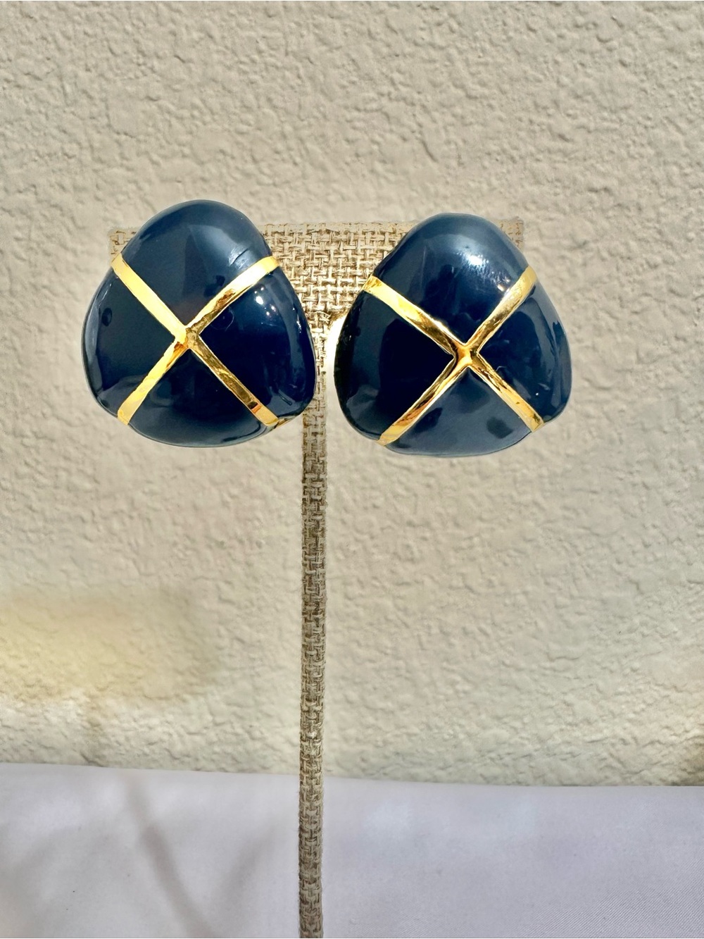 Vintage Gold Plated Gold-Trim Navy Dome Earrings